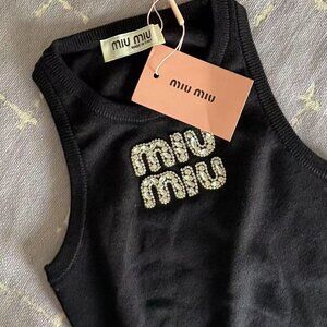 Miu Miu Black Knit Tank Top | Crystal Logo, Made in Italy, (100 to 120 poun)